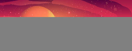 Alien planet landscape, dusk or dawn desert surface with mountains, rocks and sun shining on red and orange starry sky. Space extraterrestrial computer game background, cartoon vector illustrationのイラスト素材