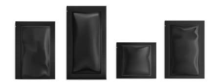 Black sachet, pouch vector bags mockup, wet wipes paper or foil packs. Isolated blank packages for food, sugar, salt, coffee or cosmetics samples on white background, Realistic 3d mock up, setのイラスト素材