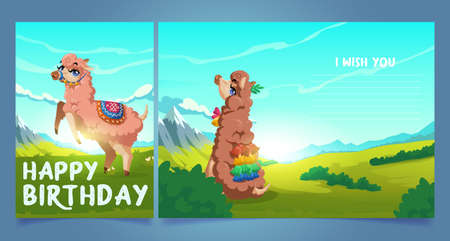 Happy birthday greeting card with cute llama, Peru alpaca animal cartoon character. Mexican Lama wear blanket and tassels grazing on mountain landscape. Postcard with place for wishes Vector templateのイラスト素材