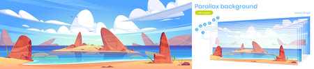 Sea landscape with sand beach and small island with stones in water. Vector parallax background with...
