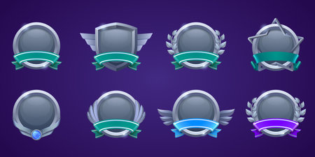 Steel award badges for win in game. Vector cartoon icons of silver medals with ribbons, gem, feathers and leaves. Trophy or prize for success in sport or competitionのイラスト素材