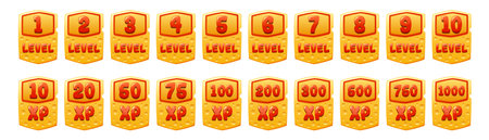 Set of cheese game level ui icons, score experience banners and xp rate isolated app buttons, award or bonus graphic design elements, reward, trophy achievement and prize for rpg experience or skillsのイラスト素材