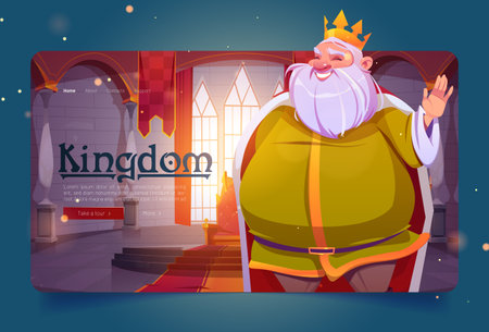 Kingdom cartoon landing page, king in palace, medieval royal family character, smiling fat monarchy person in gold crown and luxury dressing in throne room, fairytale game personage, Vector web bannerのイラスト素材