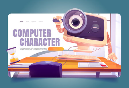 Computer character at office desk cartoon landing page. Cute pc desktop with smiling face look through magnifying glass. Electronic device personage, business information research, Vector web bannerのイラスト素材