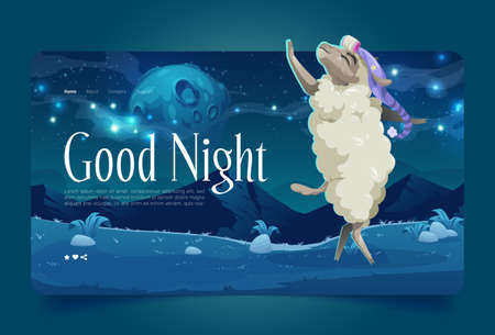 Good night cartoon landing page, lamb wear sleeping hat dancing on meadow under starry sky with full moon. Cute funny sheep character dream, nighttime dream scenery background, Vector web bannerのイラスト素材