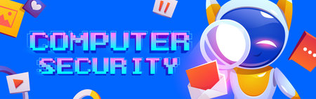 Computer security banner with cute robot character. Concept of information protect, safety internet...