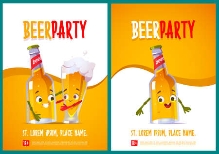 Beer party posters with cute characters of bottle and glass. Vector flyers with cartoon illustration of funny lager pint personage hugs with mug of beer. Invites for party in pub or barのイラスト素材