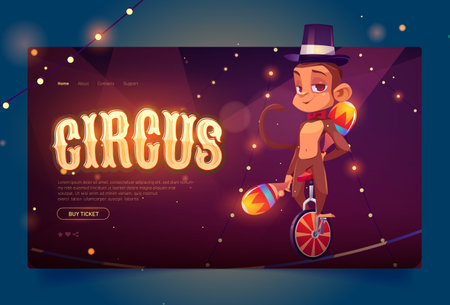 Circus banner with cute monkey juggler on monocycle. Vector landing page of carnival performance with animals with cartoon illustration funny ape with juggle clubs on unicycleのイラスト素材