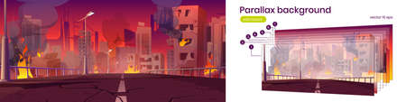 Parallax background city in fire, war destroy, abandoned burning broken buildings and bridge 2d cityscape . Cartoon bomb destruction view with separated layers for game scene, Vector illustrationのイラスト素材