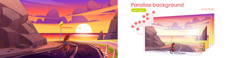 Parallax background girl on bicycle riding mountain road at dusk seascape view. Young woman on bike 2d nature landscape. Cartoon character and separated layers for game scene, Vector illustrationのイラスト素材