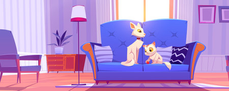 Home pets adult cat with cute white kitten playing ball on couch in living room cozy interior. feline cartoon characters lifestyle, petcare, adoption and love to animals concept, Vector illustrationのイラスト素材
