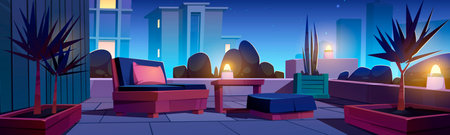 Rooftop garden, building terrace with plants and furniture at night. Vector cartoon illustration of modern patio on house roof or balcony with bushes, trees, lamps, table and chairs for relaxのイラスト素材