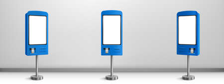 Self payment kiosk, order machine for fast food restaurant, cafe, market and store. Vector realistic 3d mockup of self service interactive terminal for electronic pay in front and angle viewのイラスト素材