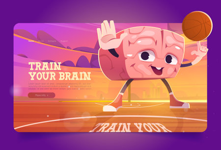 Train your brain banner with cute character with sport ball. Vector landing page of creative exercises for human mind with cartoon illustration of happy brain playing basketball at sunsetのイラスト素材