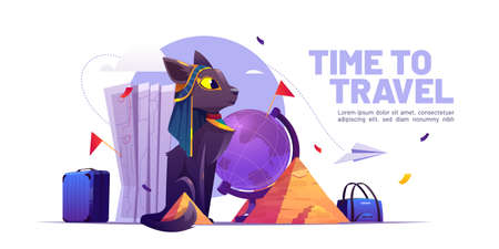 Time to travel cartoon banner with Egypt cat goddess Bastet, egyptian pyramids, suitcase, world map, and globe. Tourism service background, summer vacation, visit world landmark, Vector illustrationのイラスト素材