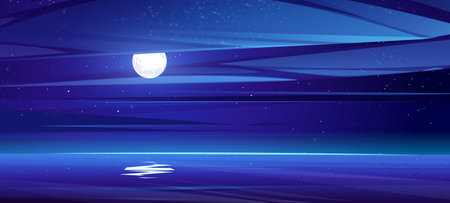 Sea landscape with full moon, stars and clouds in sky at night. Vector cartoon illustration of midnight scene with ocean or lake with moonlight reflection in water surfaceのイラスト素材