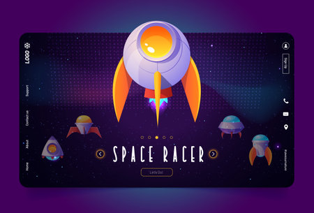 Space racer game cartoon landing page with alien spaceships, rockets, ufo, fantasy shuttles. Computer shooter, galaxy battle videogame with cosmic funny spaceships Vector web banner graphic designのイラスト素材