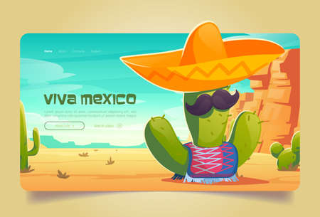 Viva Mexico cartoon landing page, funny Mexican cactus with mustaches in sombrero and poncho at desert landscape. Traditional Latin holiday or fiesta party celebration concept, vector web bannerのイラスト素材