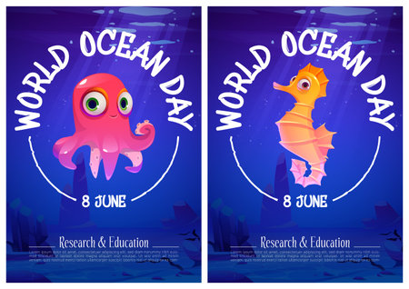 World ocean day cartoon posters with cute underwater animals octopus and sea horse at blue sea water. Invitation cards template for ecological holiday or event celebration, Cartoon vector illustrationのイラスト素材
