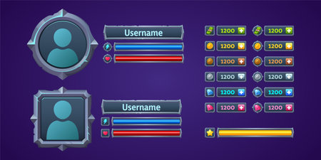 Game ui profile, user menu interface 2d graphic design with frame for avatar, username plaques, life or power scales, and assets score. Rpg for pc or mobile screen, Cartoon vector illustrationのイラスト素材