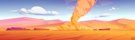Tornado, wind storm with air funnel in desert. Vector cartoon illustration of dangerous weather phenomenon, sand whirlwind, dusty twister in desert with yellow dunesのイラスト素材