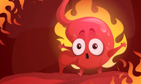 Cartoon stomach character burning in fire. Acid reflux, heartburn and gastritis concept with indigestion system abdomen pain problems. Cute unhealthy mascot suffer of stomachache, Vector illustrationのイラスト素材