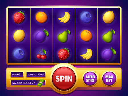 Slot machine game screen with fruits, online casino gambling entertainment. Spin reel for mobile with plum, bananas or cherry, blueberry, pear and orange, lemon and strawberry 3d vector cartoon designのイラスト素材