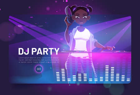 Dj party cartoon landing page, african girl disc jockey with headphones wear modern clothes and hairstyle playing music at console during dance festival or musical club battle, Vector web bannerのイラスト素材