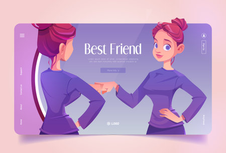 Best friend cartoon landing page. Young woman bump fist with her own reflection in mirror. Girl self love, team, respect and friendship. Positive teenager fistbump gesture, vector web bannerのイラスト素材
