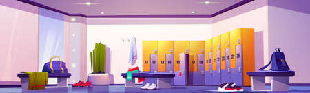Locker room in gym, sport club or school stadium. Vector cartoon interior of changing room with individual cabinets, benches with clothes, shoes, bags and big mirror. Dressing place in fitness centerのイラスト素材