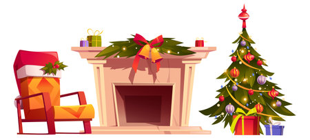 Home interior with Christmas decoration. Xmas tree with balls and garland, gift boxes, chair in red Santa Claus hat and fireplace. Vector cartoon set of New Year decor for living roomのイラスト素材