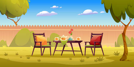 Backyard garden with served table, teapot, cups, flowers and chairs with soft pillows. Cottage barbecue area with fence and trees. Summer morning breakfast at home park, Cartoon vector illustrationのイラスト素材