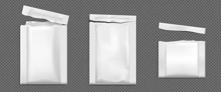 Open sachet, pouch vector bags mockup, torn wet wipes white paper or foil packs. Isolated blank packages for food, sugar, salt, coffee or cosmetics samples on transparent background, Realistic 3d setのイラスト素材