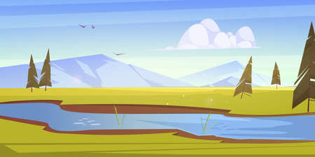 Cartoon scenery landscape with lush green fields of meadows and river flowing across the vast lands, mountains, fir trees under blue cloudy sky with birds flying in height, Vector illustrationのイラスト素材