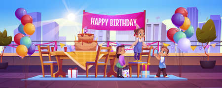 Girl celebrate birthday with friends at house rooftop with balloons, festive decoration, cake with candles and garlands. Little children celebrating party on roof outdoors, Cartoon vector illustrationのイラスト素材