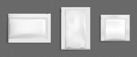 Sachet, pouch vector bags mockup, wet wipes white paper or foil packs. Isolated blank packages for food, sugar, salt, coffee or cosmetics samples on transparent background, Realistic 3d mock up, setのイラスト素材