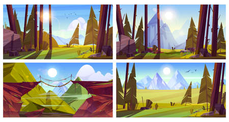 Mountain landscapes with forest and suspension bridge. Vector cartoon set of illustrations with coniferous trees, rocks, green grass, wooden rope bridge between cliffs and sun in skyのイラスト素材