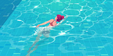Woman swimming in pool top view, young sexy girl relaxing in spa gushing through blue clear water over tiled floor. Slim female character in bikini wellness, swim exercises Cartoon vector illustrationのイラスト素材