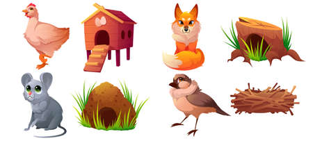 Set of pets, domestic or wild animals and their homes. Cute characters chicken and coop, fox and stump, mouse and burrow, sparrow and nest isolated on white background, Cartoon vector illustrationのイラスト素材