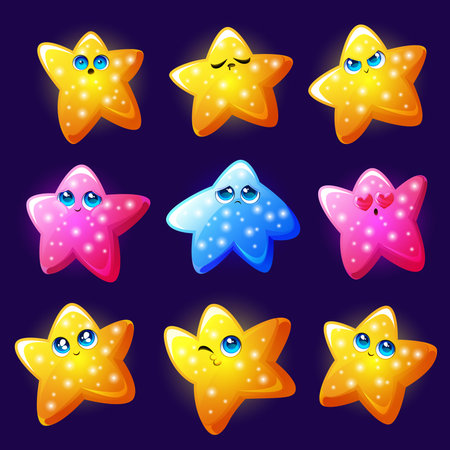 Set of cute stars characters, kawaii emoticons express different emotions. Cartoon joyful, sad,...