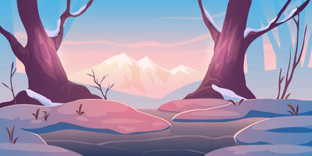 Sunrise in winter forest with frozen pond. Nature landscape background with bare tree trunks and mountains covered with snow, beautiful wild park or garden with snowdrifts, Cartoon vector illustrationのイラスト素材
