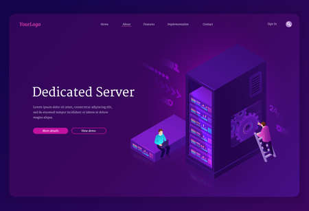 Dedicated server banner. Internet hosting service with private access to hardware, data storage and network in datacenter. Vector landing page with isometric people in data center with servers on rackのイラスト素材