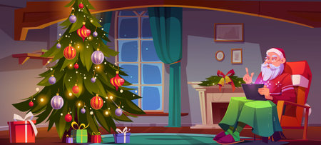 Santa Claus setting in chair in living room with Christmas tree, gift boxes and fireplace. Vector cartoon illustration for winter greeting card with grandfather in armchair with digital tabletのイラスト素材