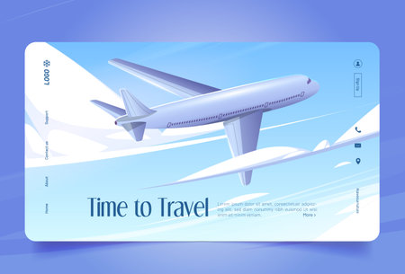 Time to travel cartoon landing page. Passenger airplane flying in sky. Buy ticket online concept...
