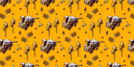 Coffee farming and harvesting isometric seamless pattern. Farmers working on field care of plants and collecting crop with harvester machine, combine machinery field works, 3d vector line art ornamentのイラスト素材
