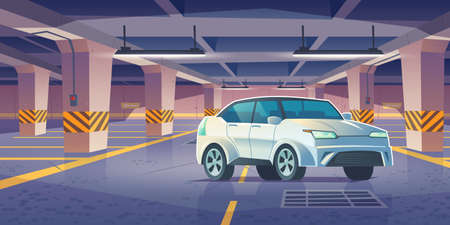 Car in underground parking, garage with vehicle and vacant places. Infrastructure area for transport in building basement with columns and guiding arrows show way to exit, Cartoon vector illustrationのイラスト素材