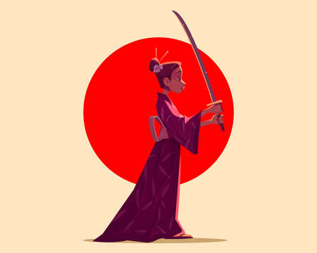Japanese geisha wear kimono holding samurai sword katana stand at red sun background. asian sunset concept with traditional female character of Japan, isolated mascot, Cartoon vector illustrationのイラスト素材