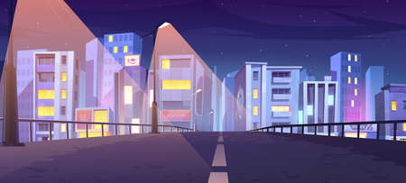 Road to city with office buildings, shops and houses at night. Vector cartoon urban landscape with empty street, town buildings, street lights and stars in skyのイラスト素材
