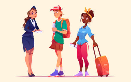 Stewardess check tickets of tourists. Vector cartoon illustration of people with luggage in queue and woman air hostess with boarding pass for airplane flight isolated on backgroundのイラスト素材