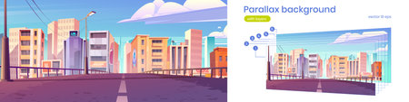 Road to city with office buildings, shops and houses. Vector parallax background for 2d animation...